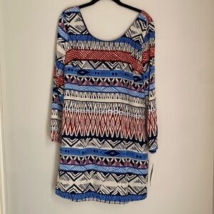 ING Aztec Print Long Sleeve Shift Dress w/ Faux Zipper Detail Size S